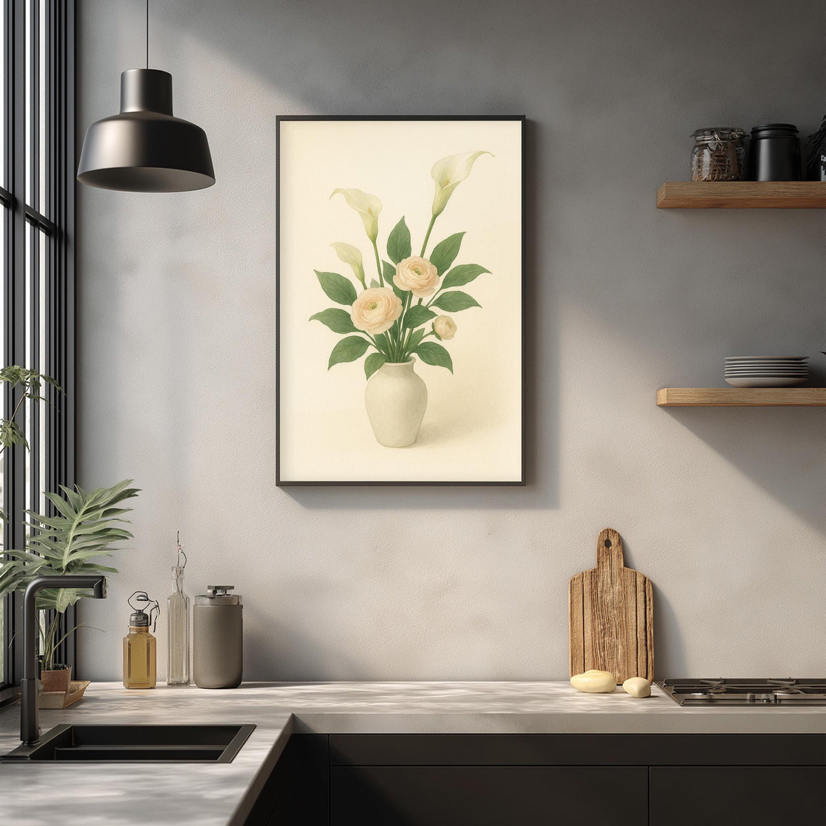 a kitchen counter with a framed picture of a vase with flowers hanging above it. The counter has various kitchen items, such as a cutting board, a soap dispenser, and a bottle. The overall scene has a modern and minimalist aesthetic.