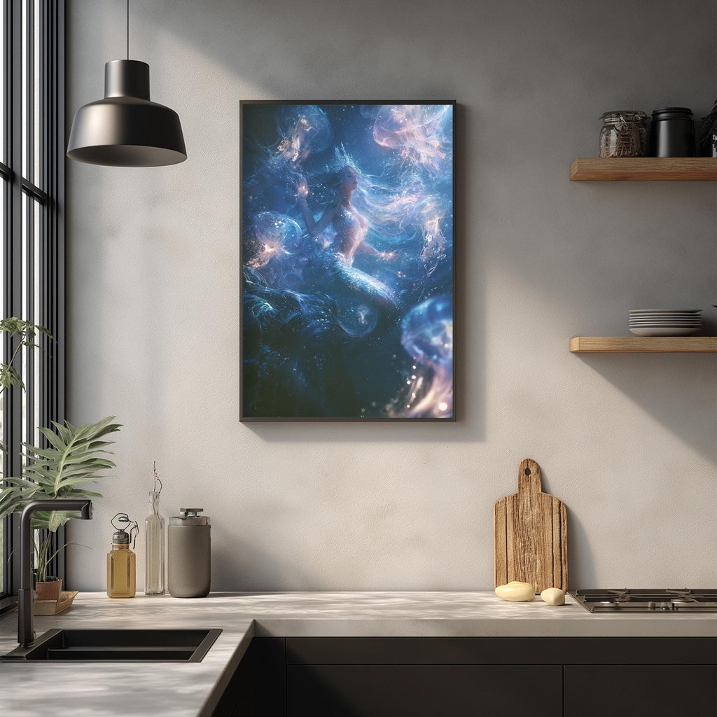 a modern kitchen with a large framed artwork depicting a cosmic scene hanging on the wall above a wooden cutting board and other kitchen items.