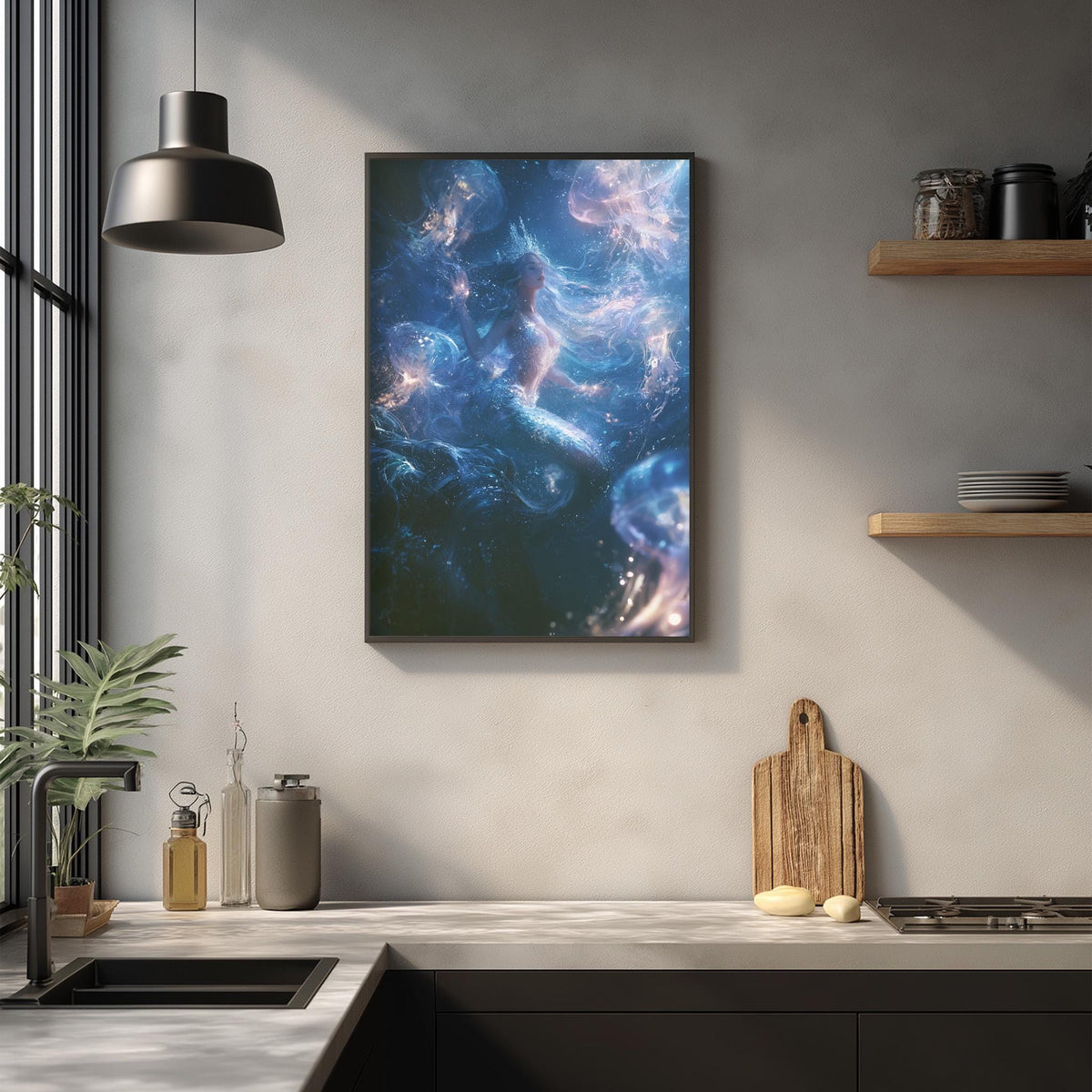 a modern kitchen with a large framed artwork depicting a cosmic scene hanging on the wall above a wooden cutting board and other kitchen items.