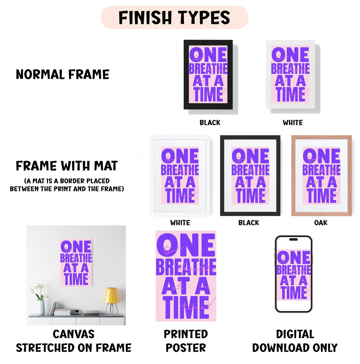 various finish types for a canvas or poster, including a normal frame, a frame with a mat, a white frame, a black frame, an oak frame, a white canvas, a black canvas, a white printed poster, and a digital poster.