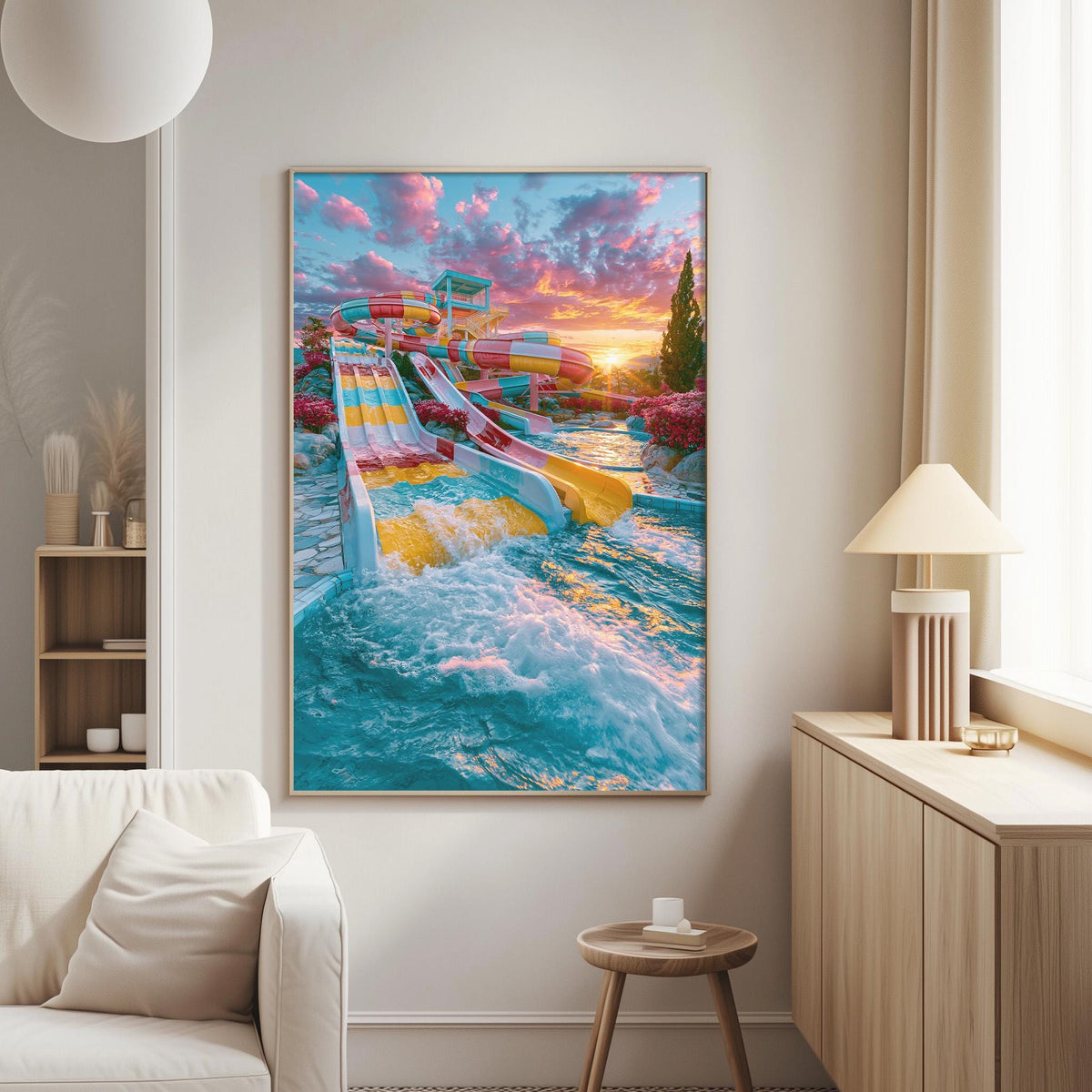 a vibrant and colorful painting of a water slide, with the slide and surrounding landscape depicted in a lively and dynamic manner.