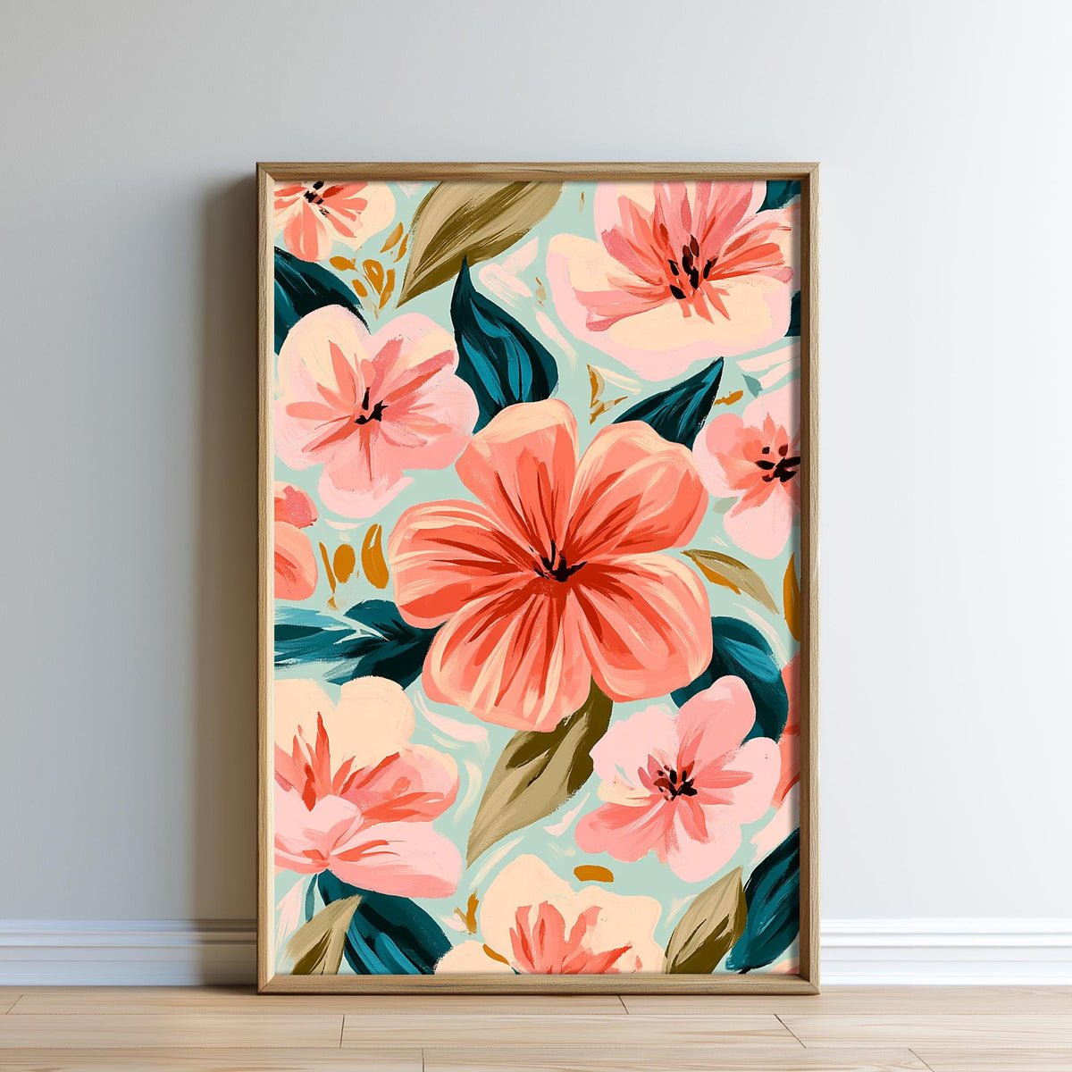 a vibrant floral print with a variety of pink and orange flowers, along with green leaves, displayed on a wall.
