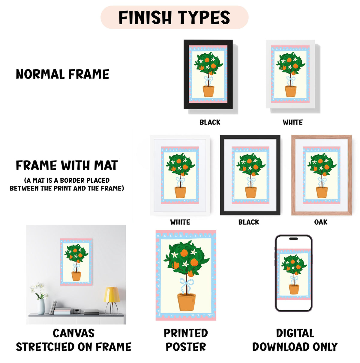 various finish types for framed artwork, including a normal frame, a frame with a mat, a white frame, a black frame, an oak frame, a white canvas stretched on a frame, a printed poster, and a digital download only.