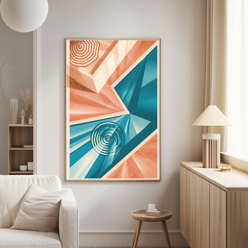 a modern living room with a large abstract painting hanging on the wall. The painting has a geometric design with shades of orange, blue, and white. The room also includes a white sofa, a wooden side table, and a lamp on a wooden cabinet.