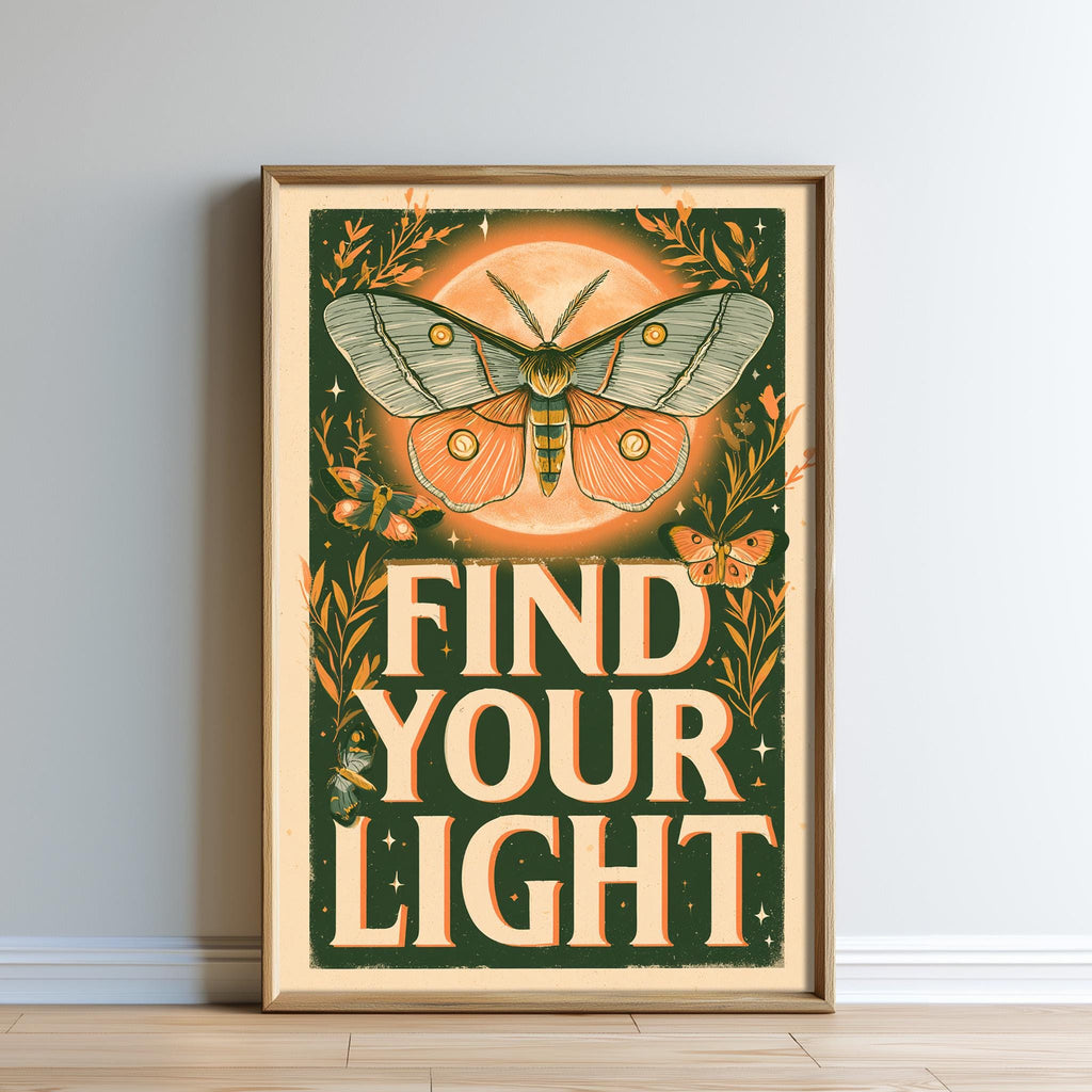 The image is a framed poster with a butterfly illustration and the text "FIND YOUR LIGHT" prominently displayed.