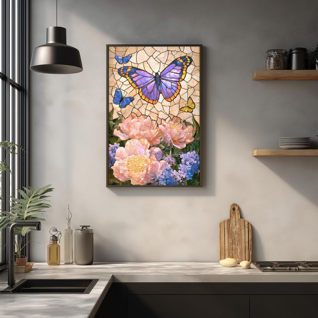 a kitchen counter with a framed painting of a butterfly surrounded by flowers hanging above it.