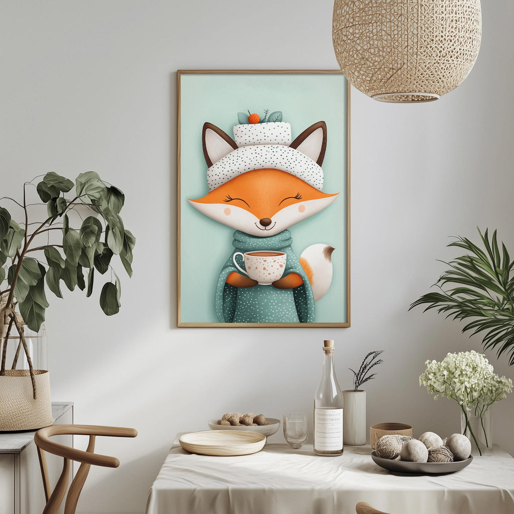 a cozy and whimsical scene with a framed illustration of a fox wearing a hat and scarf, holding a cup of tea, surrounded by potted plants and a dining table with various items on it.