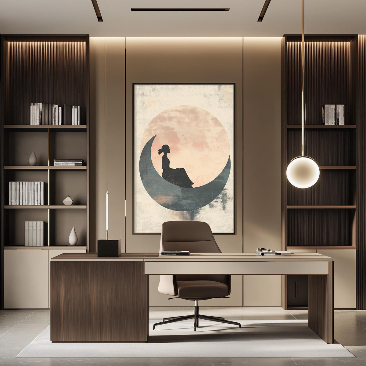 a modern and minimalist office space with a large framed artwork of a woman sitting on a crescent moon on the wall. The office features a wooden desk, a comfortable chair, and a bookshelf filled with books. The overall design and decor create a serene and professional atmosphere.