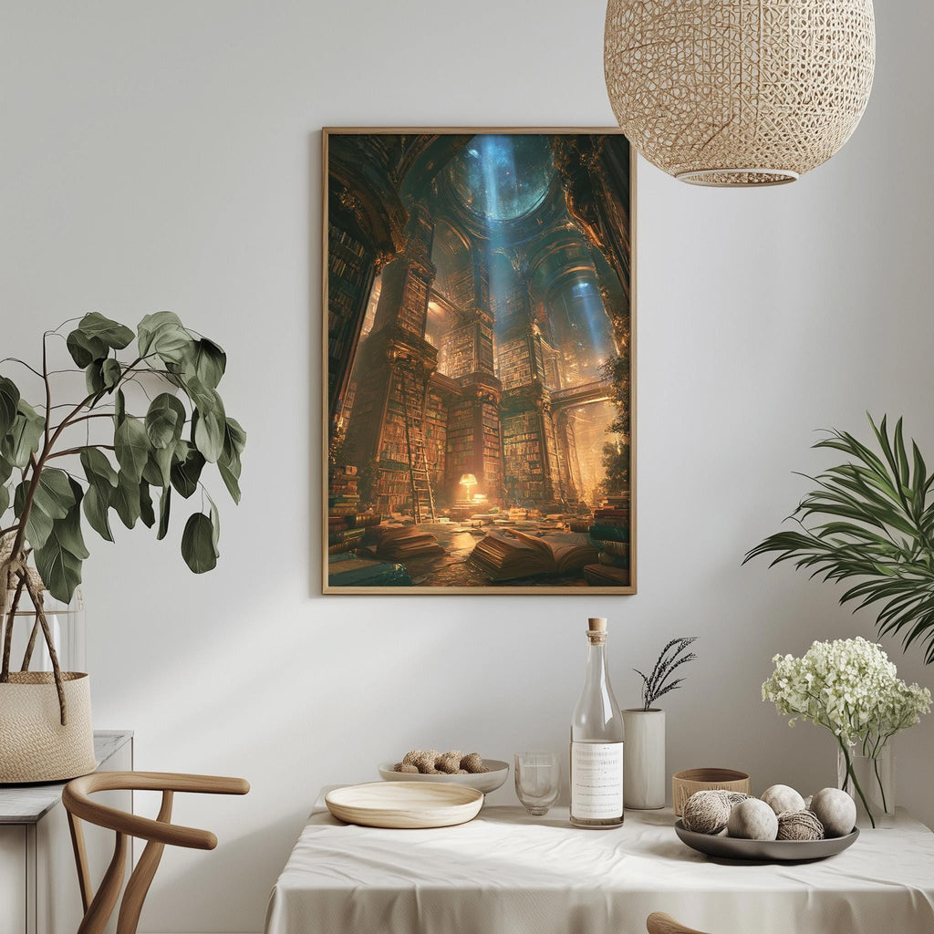 a serene and cozy indoor setting with a large framed picture hanging on the wall, depicting a fantastical cityscape with towering buildings, a central courtyard, and a glowing blue sky. The room is decorated with potted plants, a dining table set with plates and bowls, and a bottle of wine, creating a warm and inviting atmosphere.