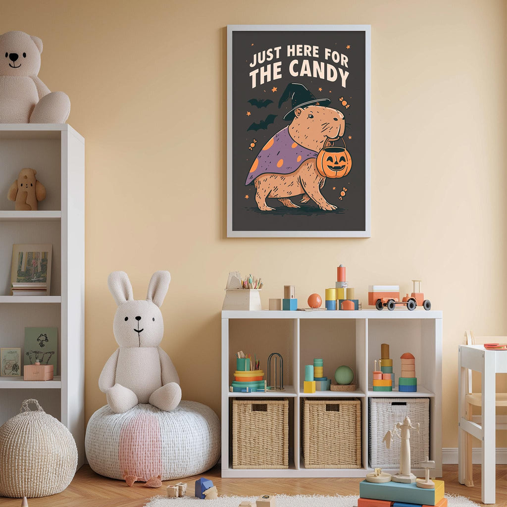 a child's bedroom with a white bookshelf, a stuffed rabbit, a toy train, and a framed poster with a cartoon character and text.