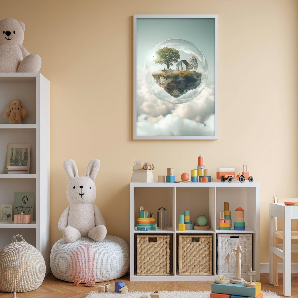 A cozy children's room with a large white bookshelf, a plush white bunny, and a colorful toy box filled with toys. Above the bookshelf, there is a framed picture of a floating island with a house and trees.