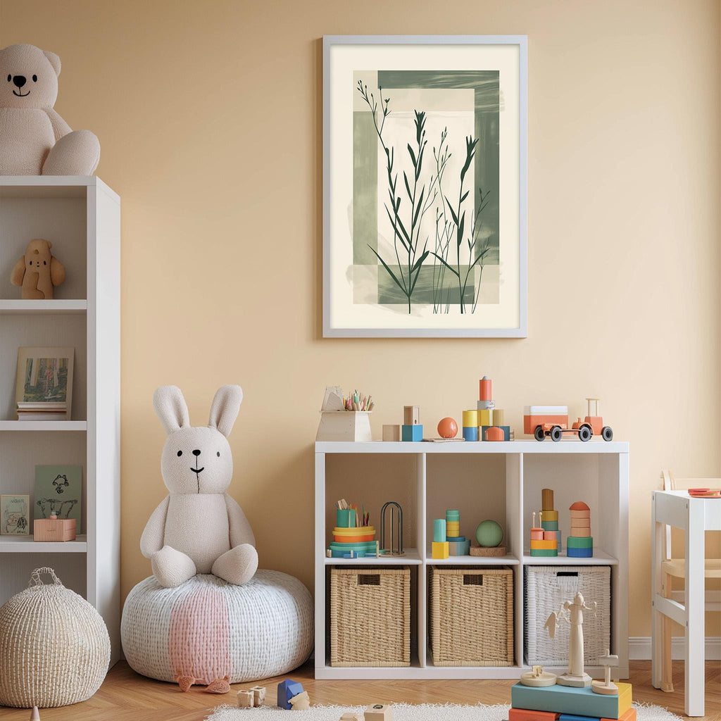 A cozy and colorful children's bedroom with a white bookshelf, a plush rabbit, and a toy train set. The walls are painted a light peach color, and there is a framed artwork of plants hanging above the bookshelf.