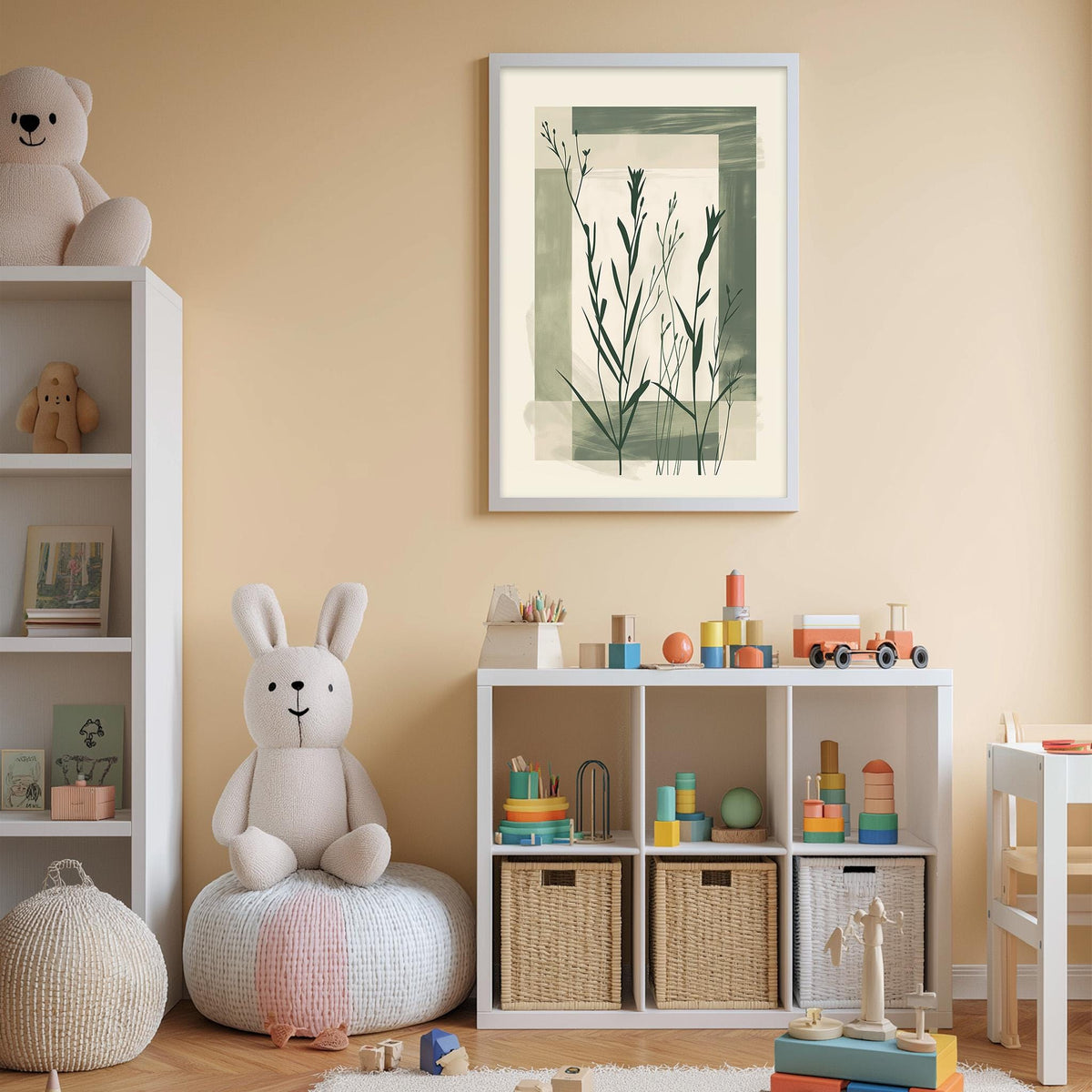 A cozy and colorful children's bedroom with a white bookshelf, a plush rabbit, and a toy train set. The walls are painted a light peach color, and there is a framed artwork of plants hanging above the bookshelf.