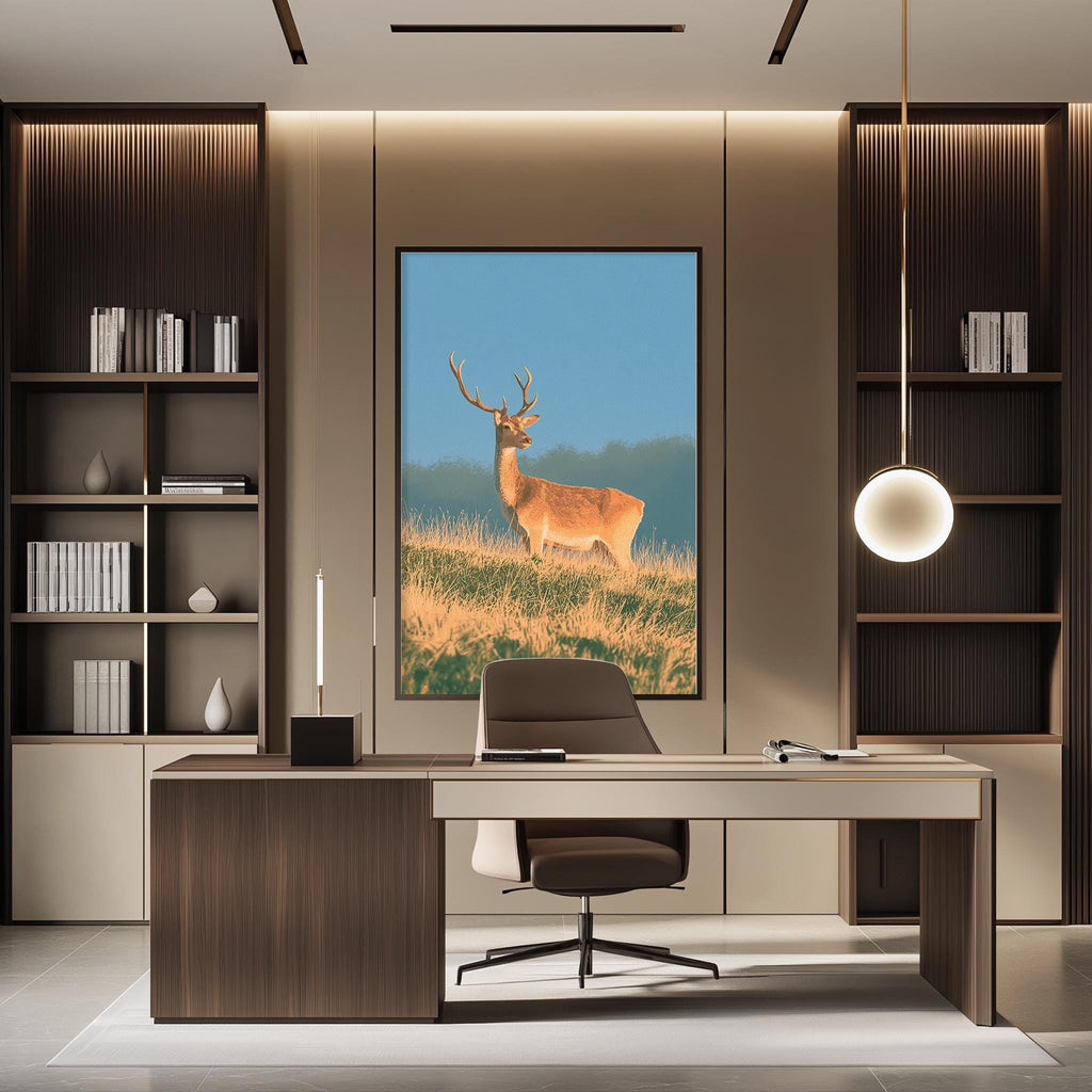 a modern office space with a large framed picture of a deer standing in a grassy field on the wall. The office features a desk, chair, and shelving units, creating a professional and organized atmosphere.