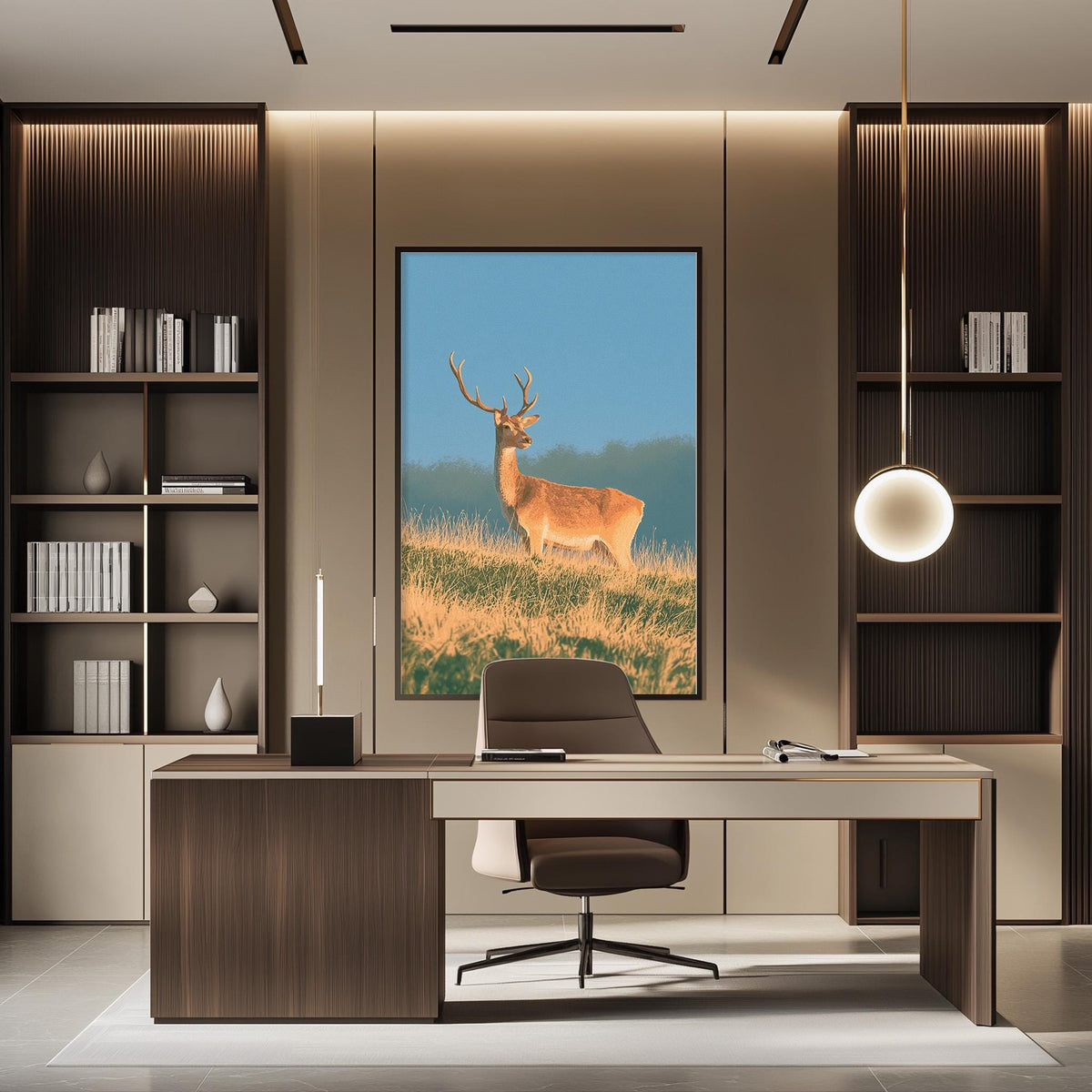 a modern office space with a large framed picture of a deer standing in a grassy field on the wall. The office features a desk, chair, and shelving units, creating a professional and organized atmosphere.