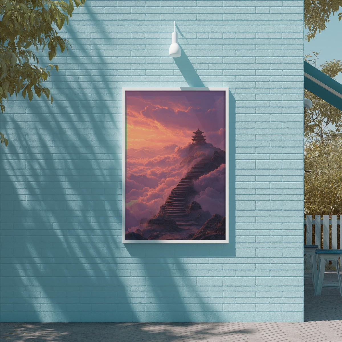 a serene scene of a temple perched atop a mountain, with a staircase leading up to it. The temple is surrounded by clouds, creating a sense of depth and scale. The image is framed and hung on a blue wall, adding a touch of color and tranquility to the scene.