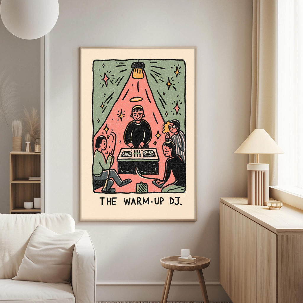 a poster of a DJ performing with a group of people, and the text below the poster says "The Warm-Up DJ".