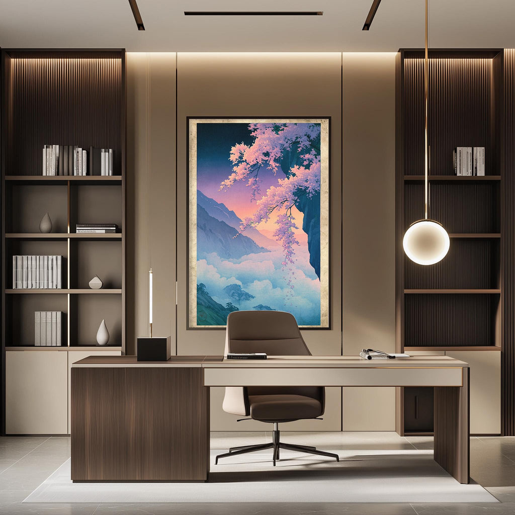 a modern and well-lit office space with a large framed landscape painting hanging on the wall above a desk with a chair.