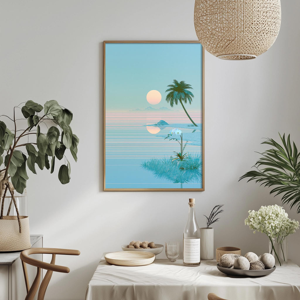 a serene tropical beach scene with a palm tree, a sunset, and a calm ocean. The scene is framed and hung on a wall, creating a calming and relaxing atmosphere in the room.