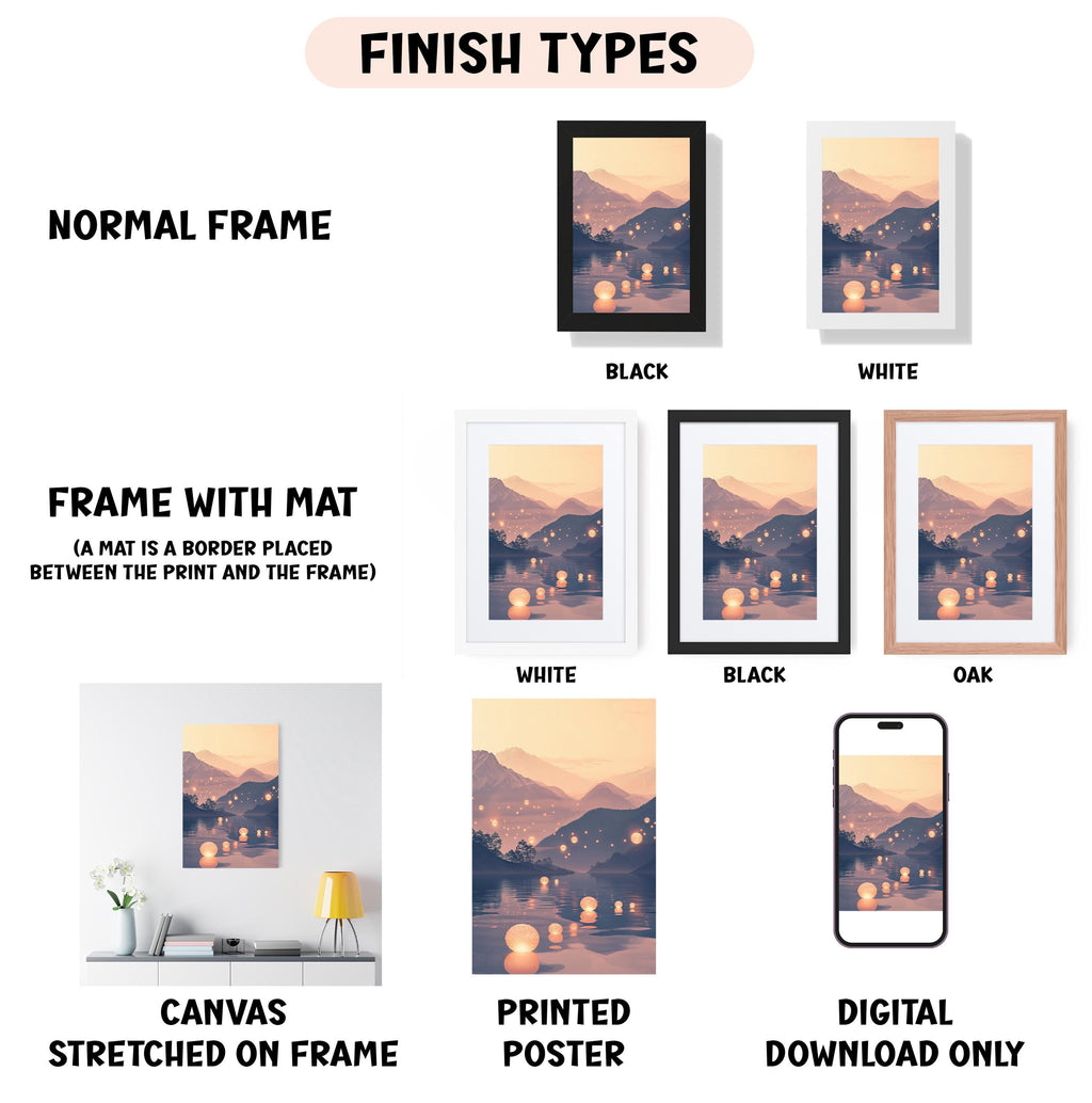 various types of artwork, including a canvas stretched on a frame, a framed print, and a digital poster. The artwork is presented in different frame colors, such as black, white, and black, and the descriptions provided are clear and concise, avoiding redundancy and focusing on the content of the artwork.