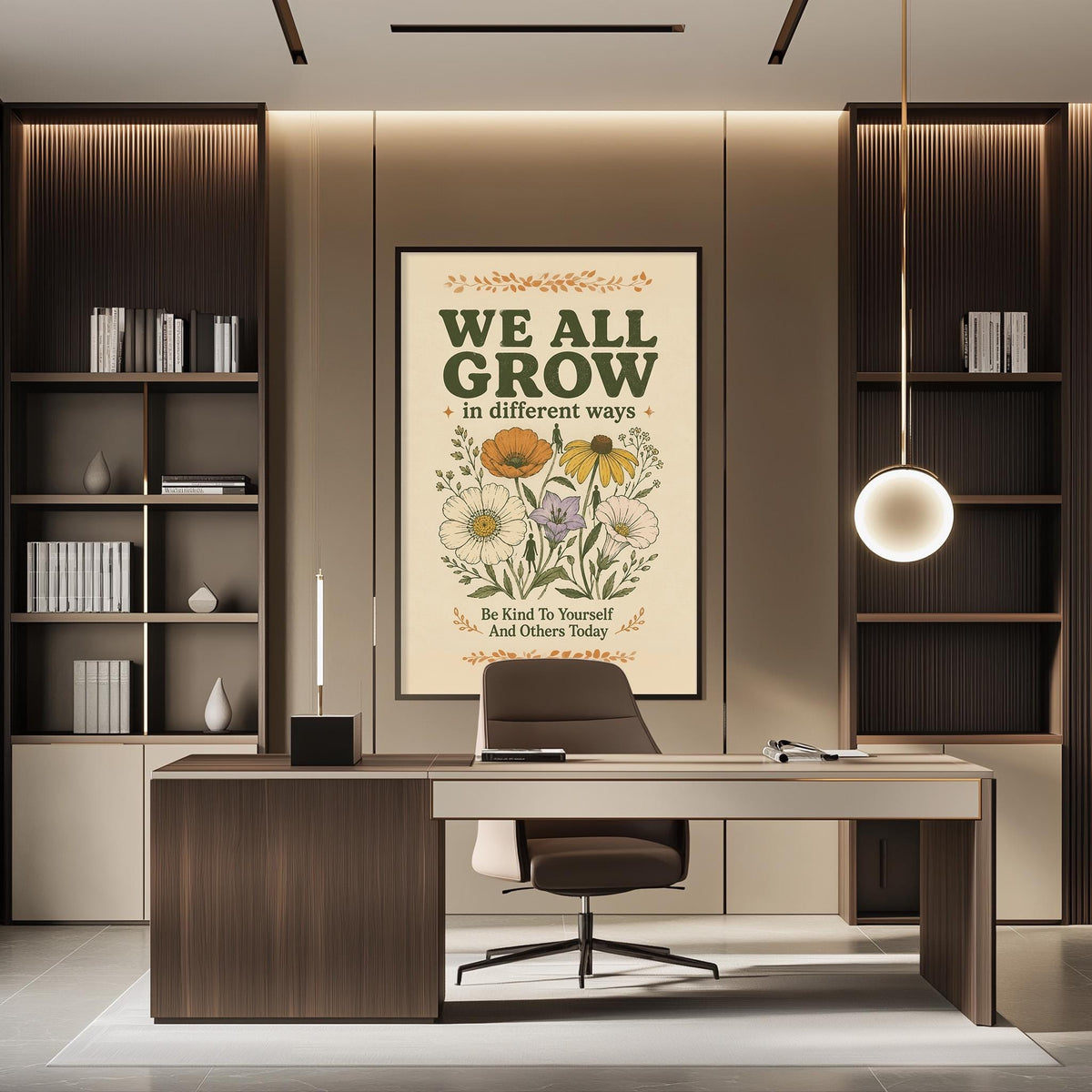 a modern office space with a large framed poster on the wall that reads "WE ALL GROW in different ways" and "Be kind to yourself and others today". The office has a wooden desk, a chair, and a bookshelf filled with books. The overall design and decor create a professional and comfortable atmosphere.