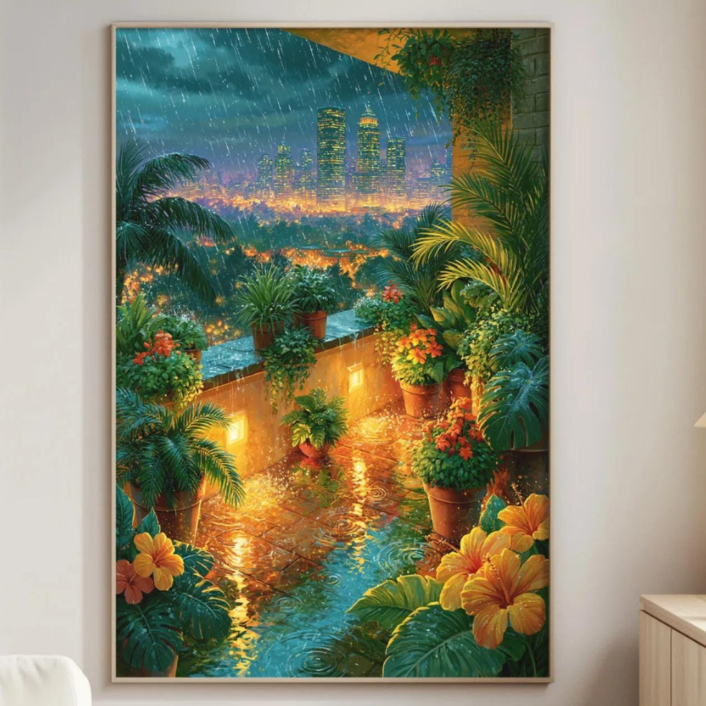a large, colorful painting of a tropical garden hanging on a wall in a living room.
