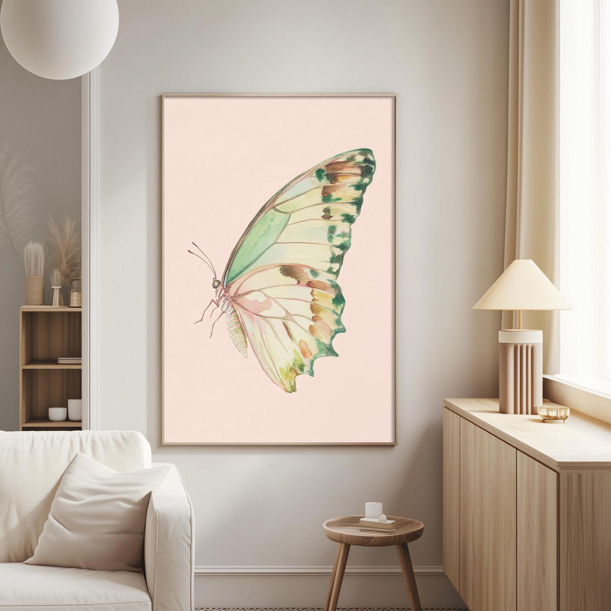 a large framed picture of a butterfly on a pink background, hanging on a wall in a living room.