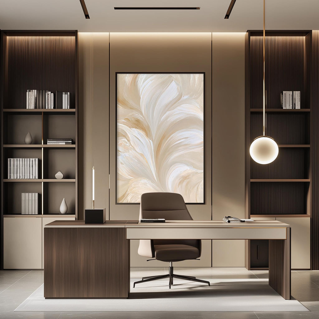 a modern and minimalist office space with a large abstract painting on the wall, a wooden desk with a chair, and built-in bookshelves.