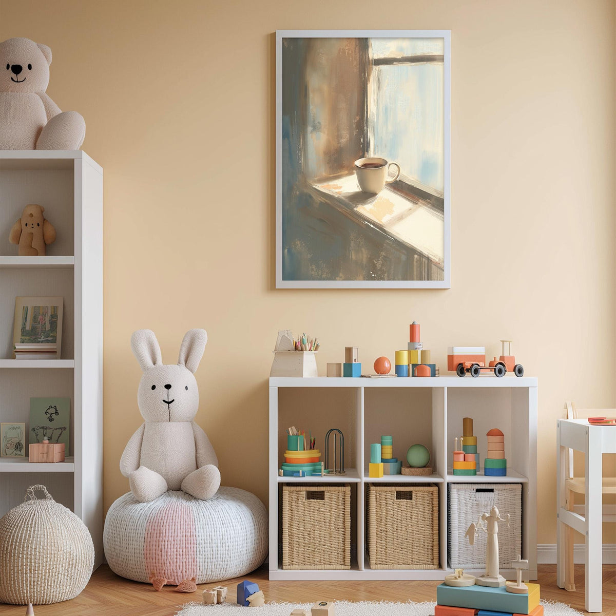A cozy children's room with a white bookshelf, a plush white bunny, and a colorful toy box filled with toys. A framed painting of a window and a cup is displayed on the wall above the bookshelf.