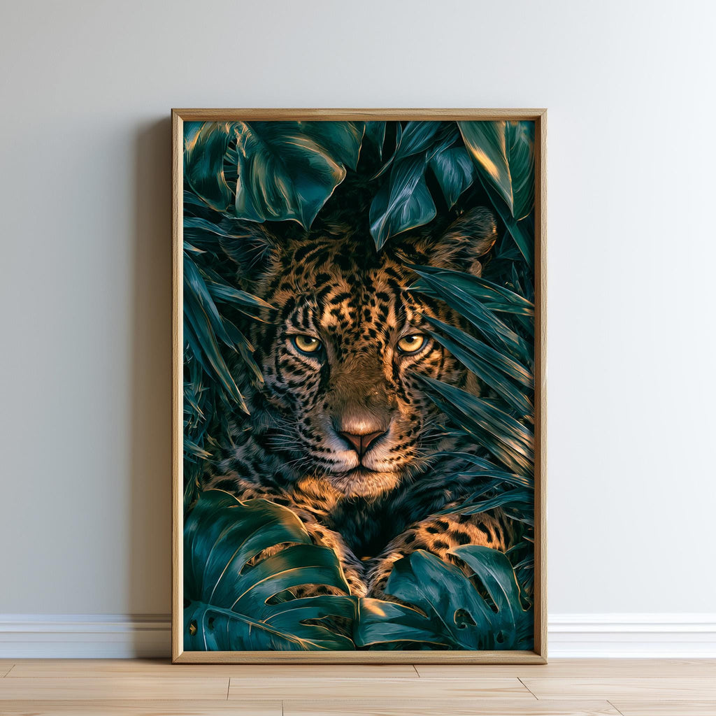 A framed image of a jaguar resting in a lush, green environment with large leaves surrounding it.