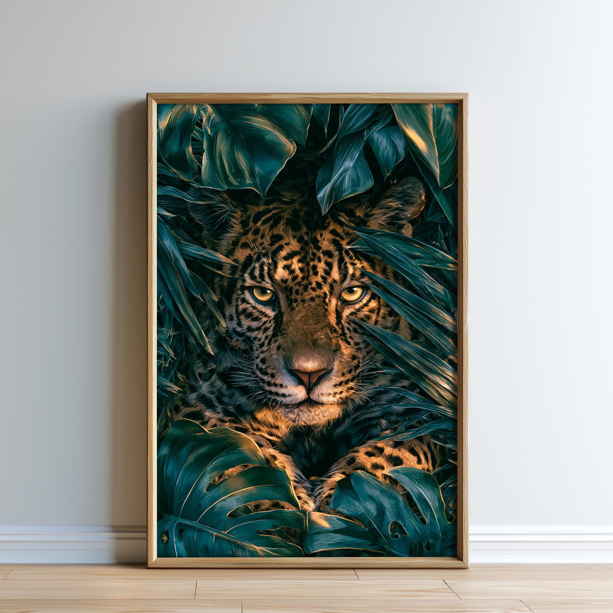 A framed image of a jaguar resting in a lush, green environment with large leaves surrounding it.