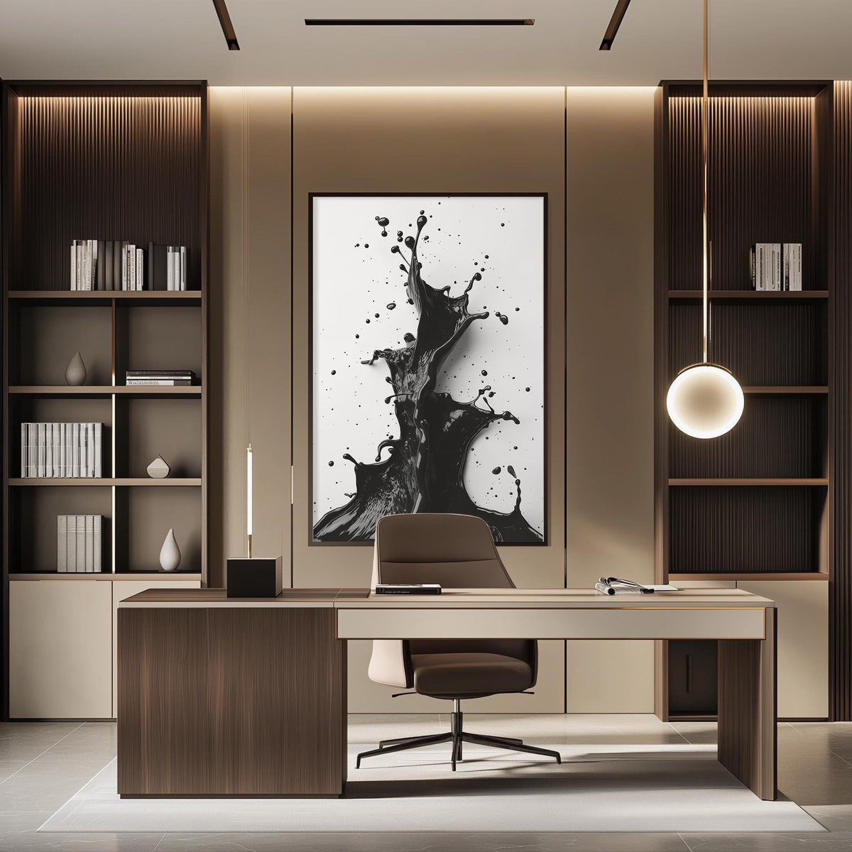 a modern and minimalist office space with a large abstract painting on the wall, a wooden desk with a chair, and built-in bookshelves.