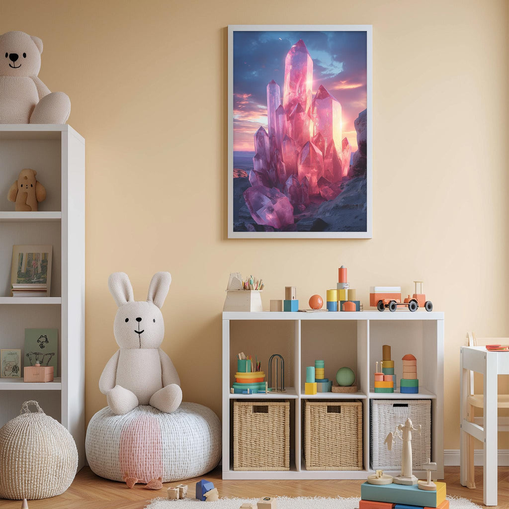 A child's bedroom with a large, colorful painting of a crystal formation on the wall, a stuffed rabbit, a toy shelf with various toys, and a small table with a chair.