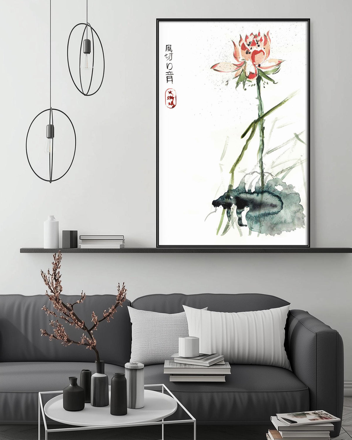 a modern living room with a gray sofa, a coffee table, and a large framed artwork depicting a watercolor painting of a lotus flower. The artwork is hung on the wall above the sofa, creating a focal point in the room.