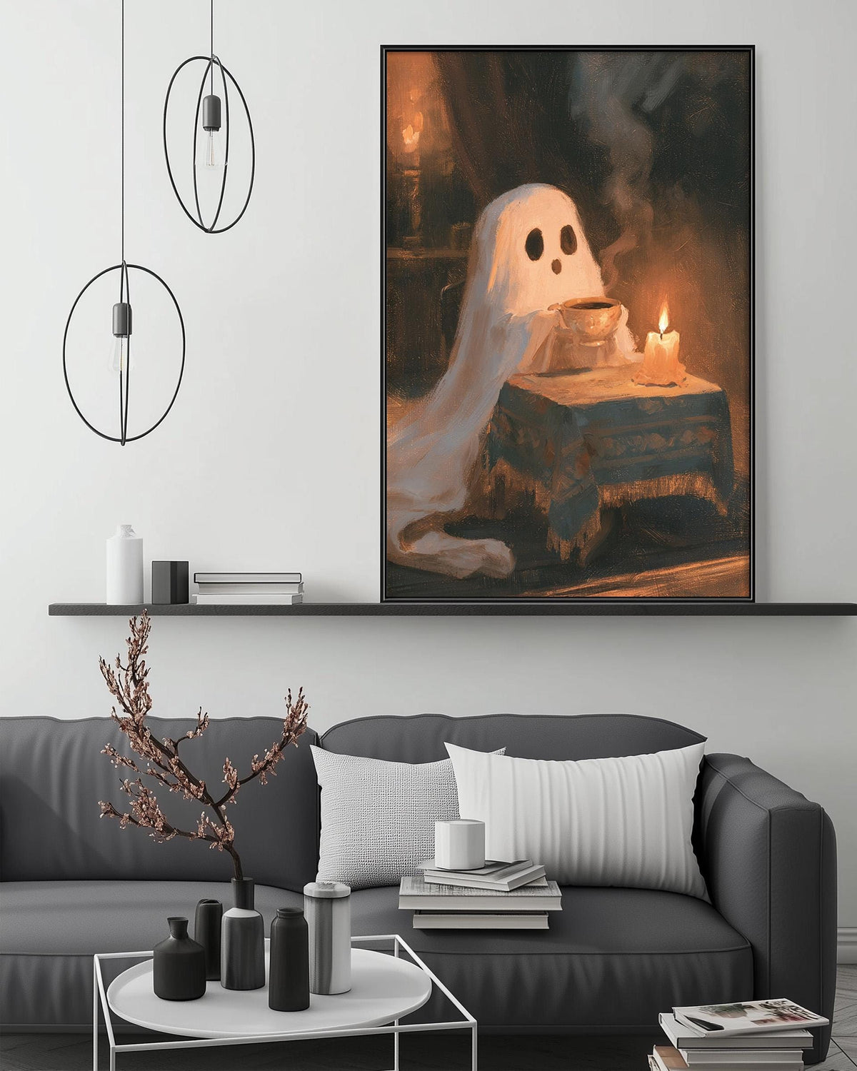 a cozy living room with a gray couch, a coffee table, and a large painting of a ghost sitting on a table with a lit candle.