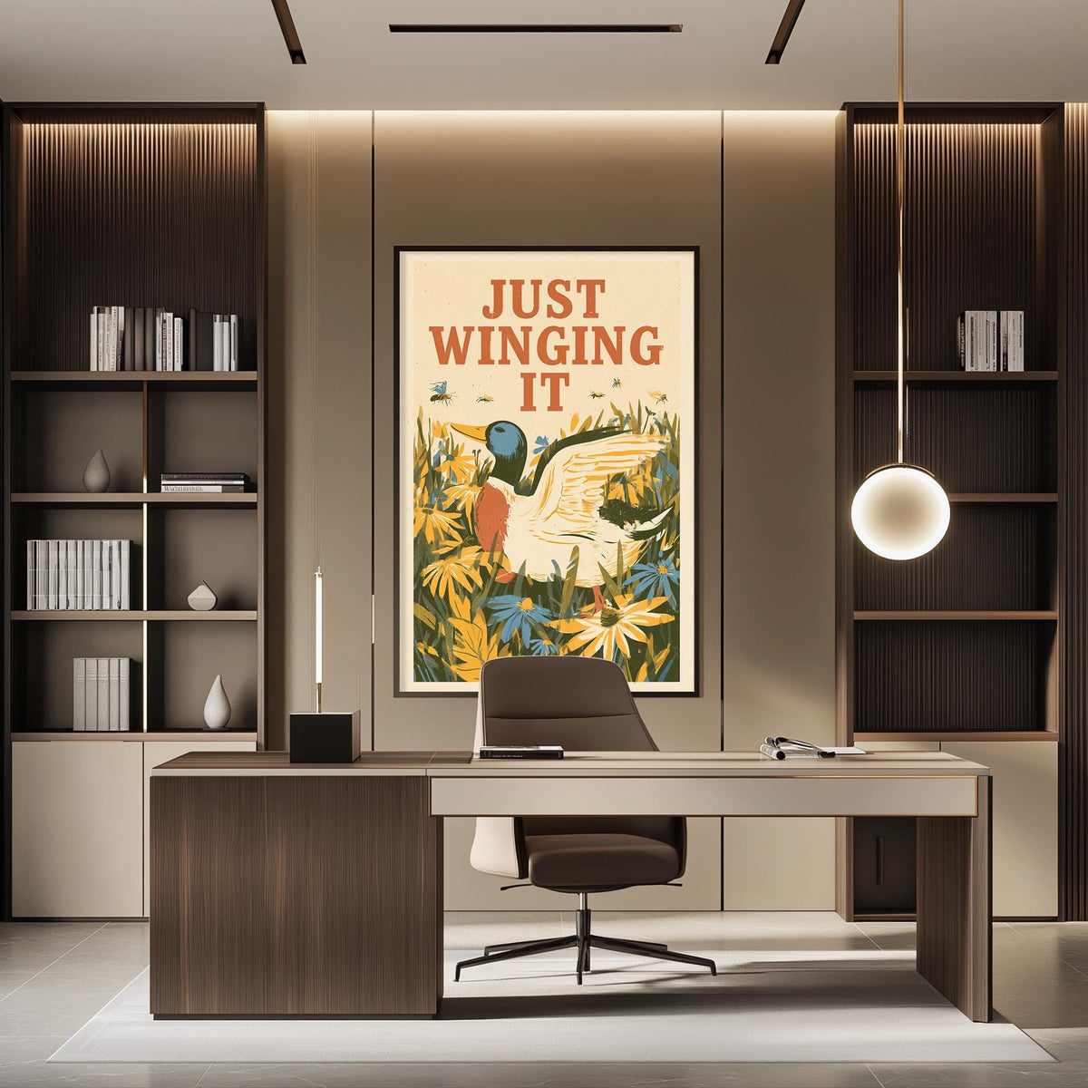 a modern office space with a large framed poster of a bird, a desk with a chair, and built-in bookshelves.