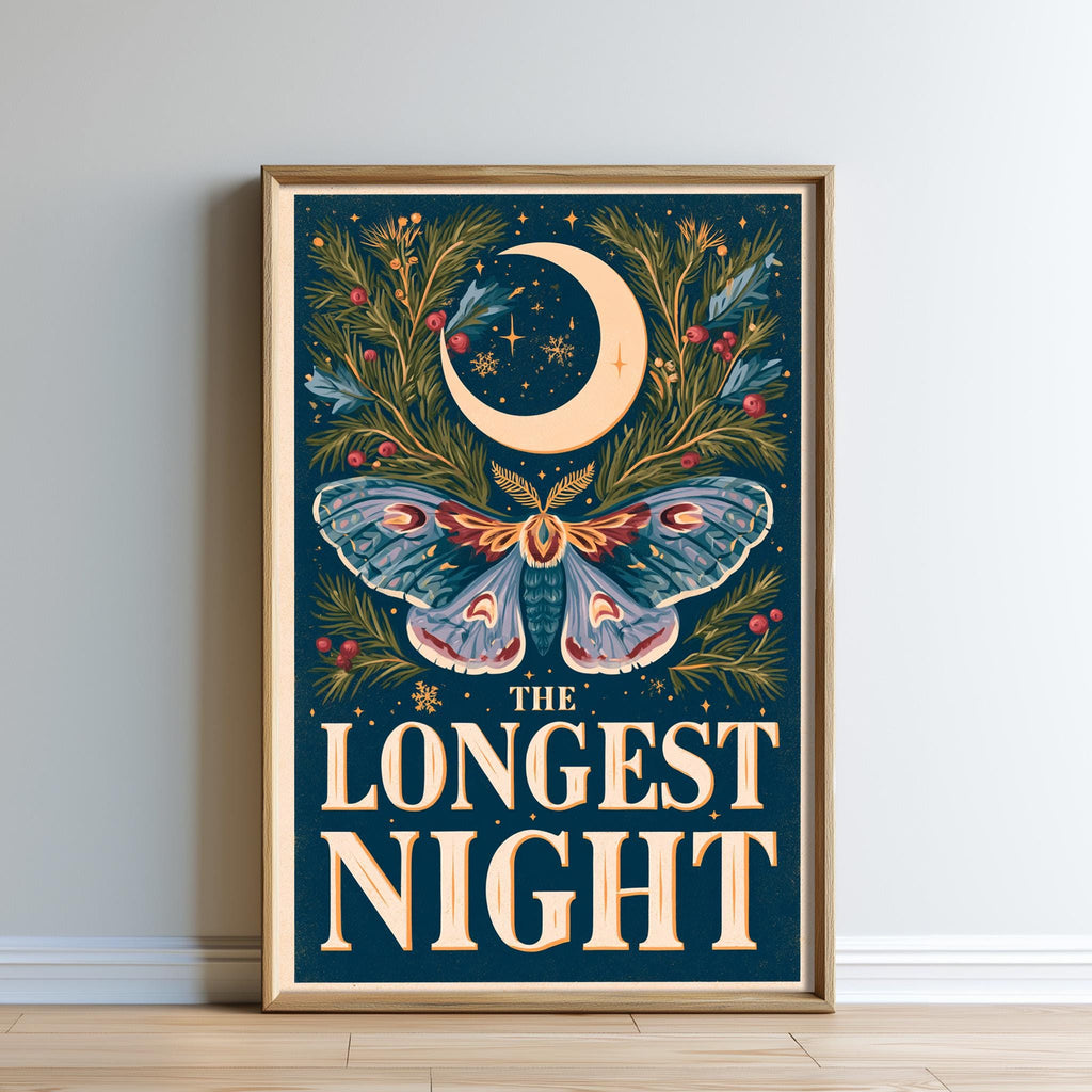 The image is a framed poster with a blue background and a crescent moon, featuring a butterfly and a floral arrangement. The text on the poster reads "The LONESTYNIGHT".