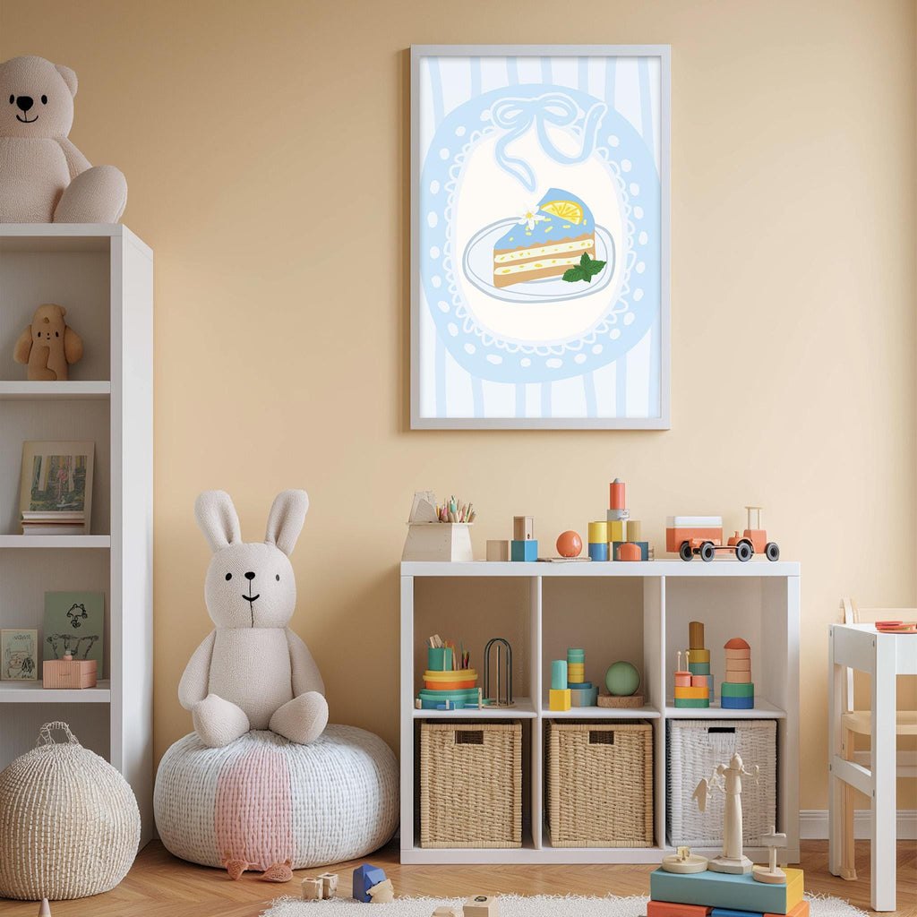 A cozy and colorful children's bedroom with a white bookshelf, a plush rabbit, and a toy train set. The walls are painted a light peach color, and there is a framed picture of a cake on the wall.