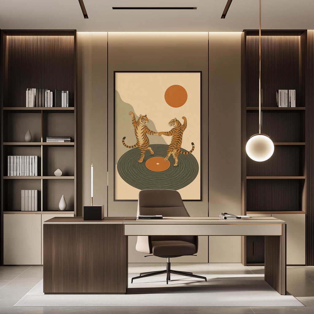 a modern office space with a large framed artwork of two tigers dancing on a record player in the center of the room. The office features a wooden desk, a comfortable chair, and a bookshelf filled with books and decorative items.