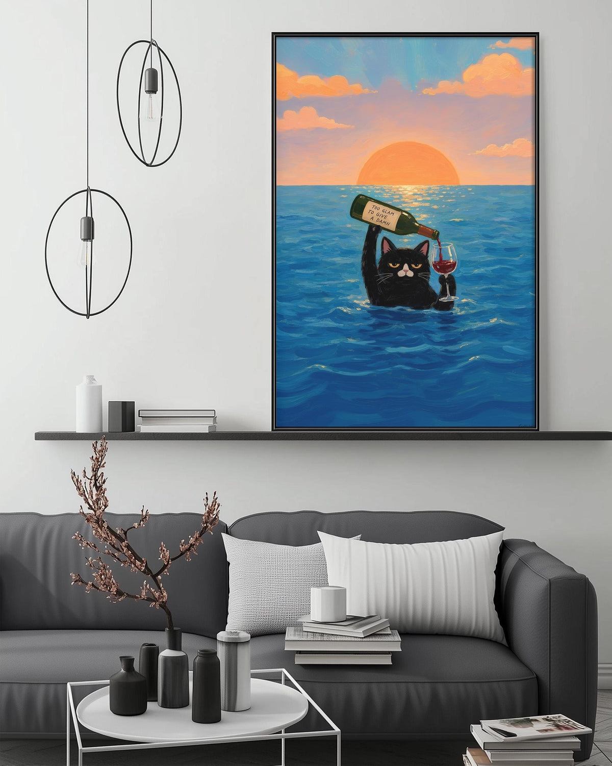 a black cat holding a wine bottle and glass, floating on a body of water with a sunset in the background.