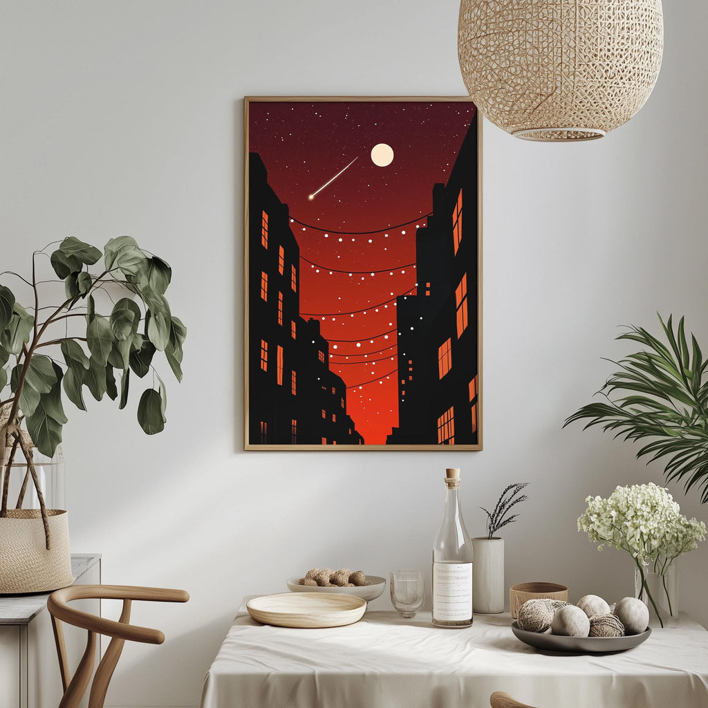 a dining table set with plates, bowls, and a bottle, with a framed picture of a cityscape hanging on the wall above it.
