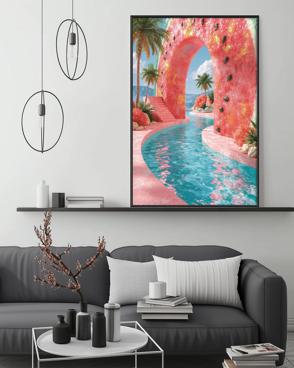 a large, colorful painting of a tropical garden with a winding path, palm trees, and a pool of water. The painting is displayed on a wall above a gray couch, which has a coffee table and decorative items on it.