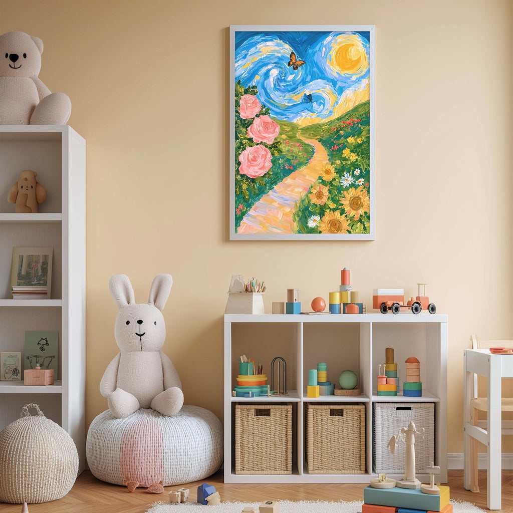 A child's bedroom with a large painting of a colorful landscape hanging on the wall, a white bookshelf filled with toys, and a stuffed rabbit sitting on a bean bag chair.