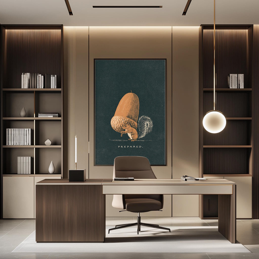 a modern and well-organized office space with a large framed artwork of an animal on the wall, a wooden desk with a chair, and built-in bookshelves.
