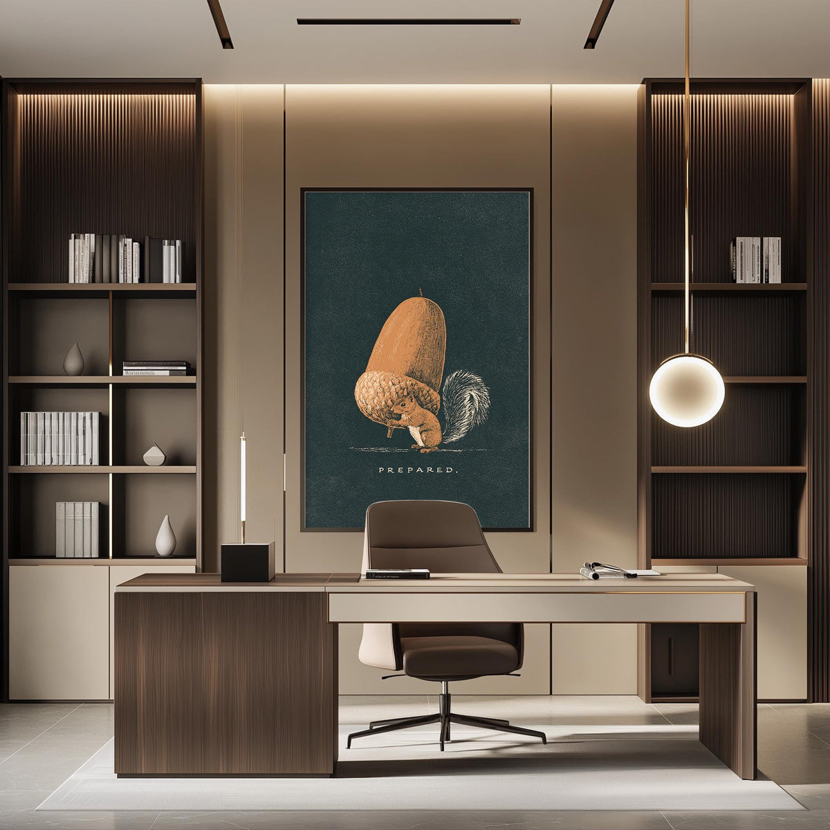 a modern and well-organized office space with a large framed artwork of an animal on the wall, a wooden desk with a chair, and built-in bookshelves.