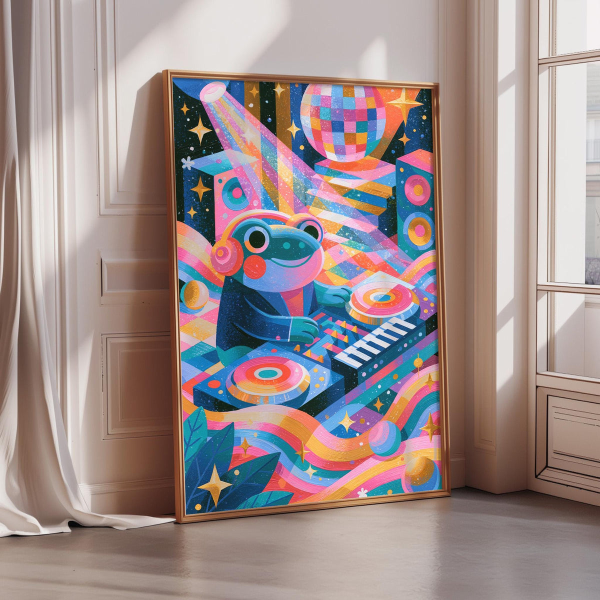 a vibrant, colorful painting of a frog playing a musical instrument, surrounded by a lively, abstract background with stars, circles, and other geometric shapes.