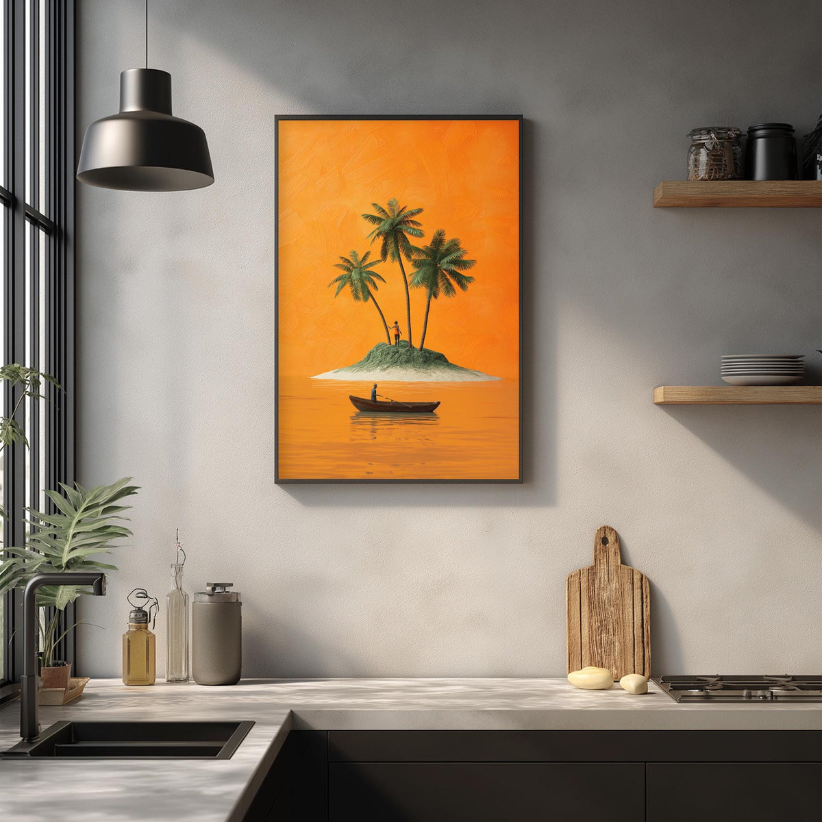 a kitchen counter with a framed painting of a small island with palm trees, a boat, and a person on the water. The painting is hanging on the wall above the counter.