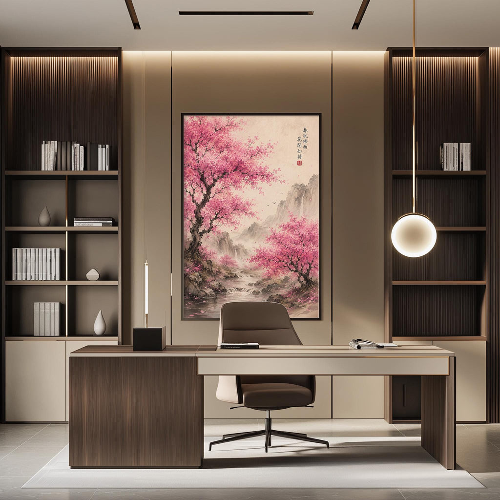 a modern and well-designed office space with a large framed picture of a cherry blossom tree on the wall, creating a serene and visually appealing atmosphere.