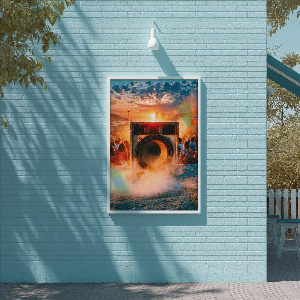 A framed poster of a large speaker is displayed on a light blue brick wall, with a crowd of people gathered around it.