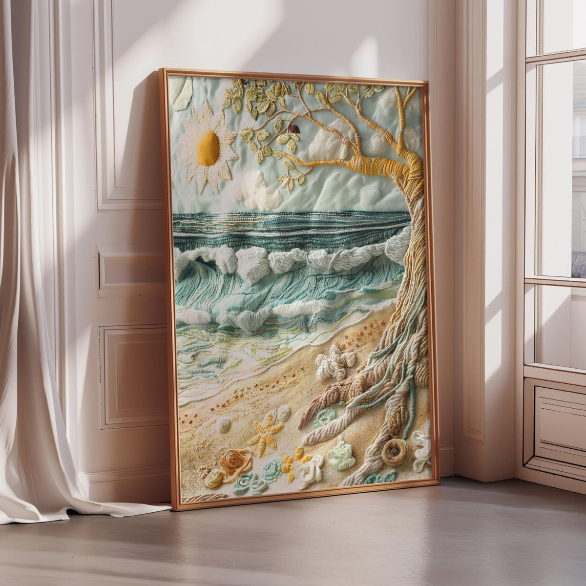 a large framed artwork depicting a serene beach scene with a tree, waves, and various sea creatures.